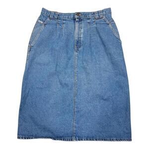 90s denim midi skirt with pleat detail and no back pockets